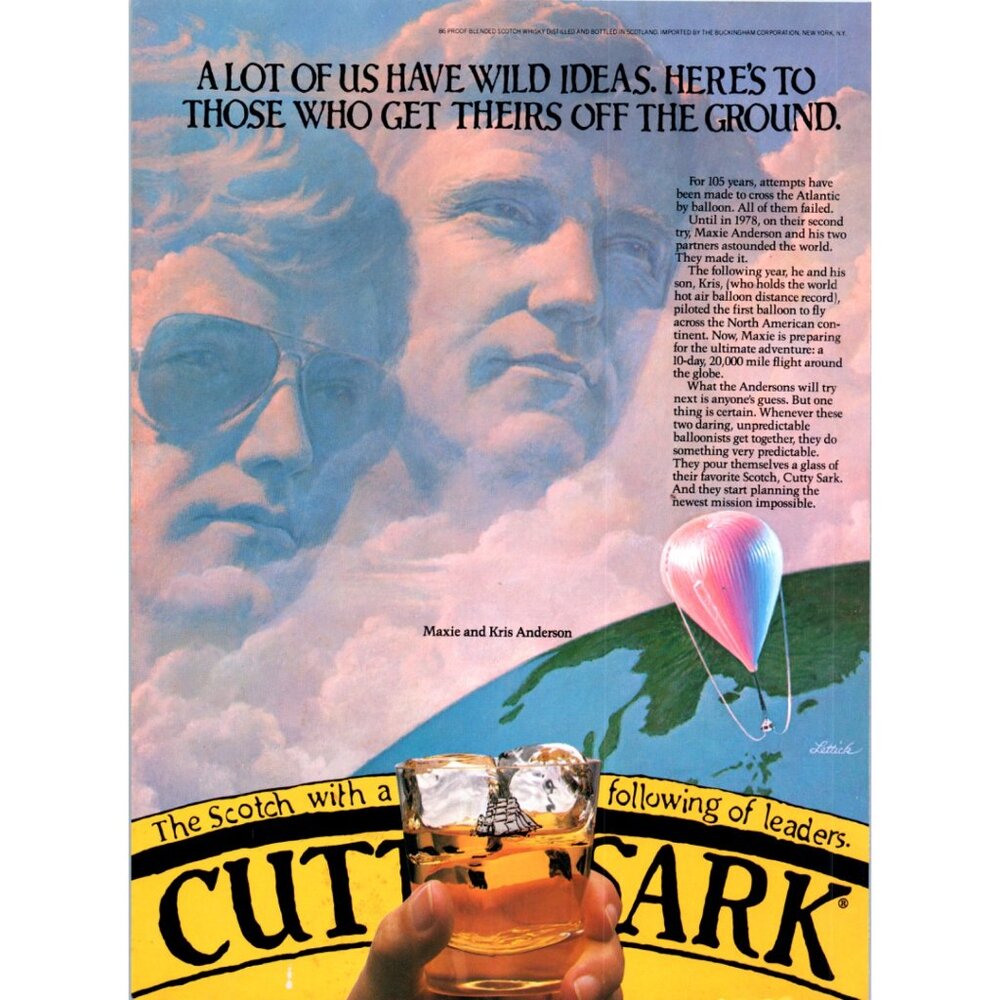 1981 Cutty Sark Scotch Hot Air Balloon Maxie Kris Anderson Vintage Print Ad Art